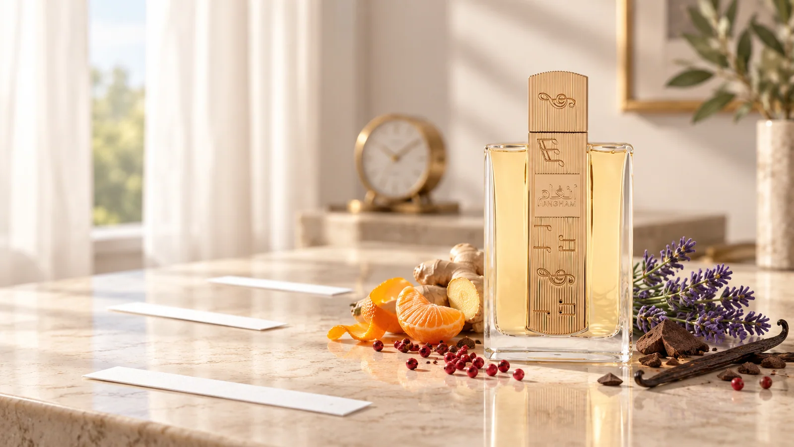 Lattafa Angham bottle with scent blotters, a softly blurred clock and fragrance notes on a sunlit stone table.