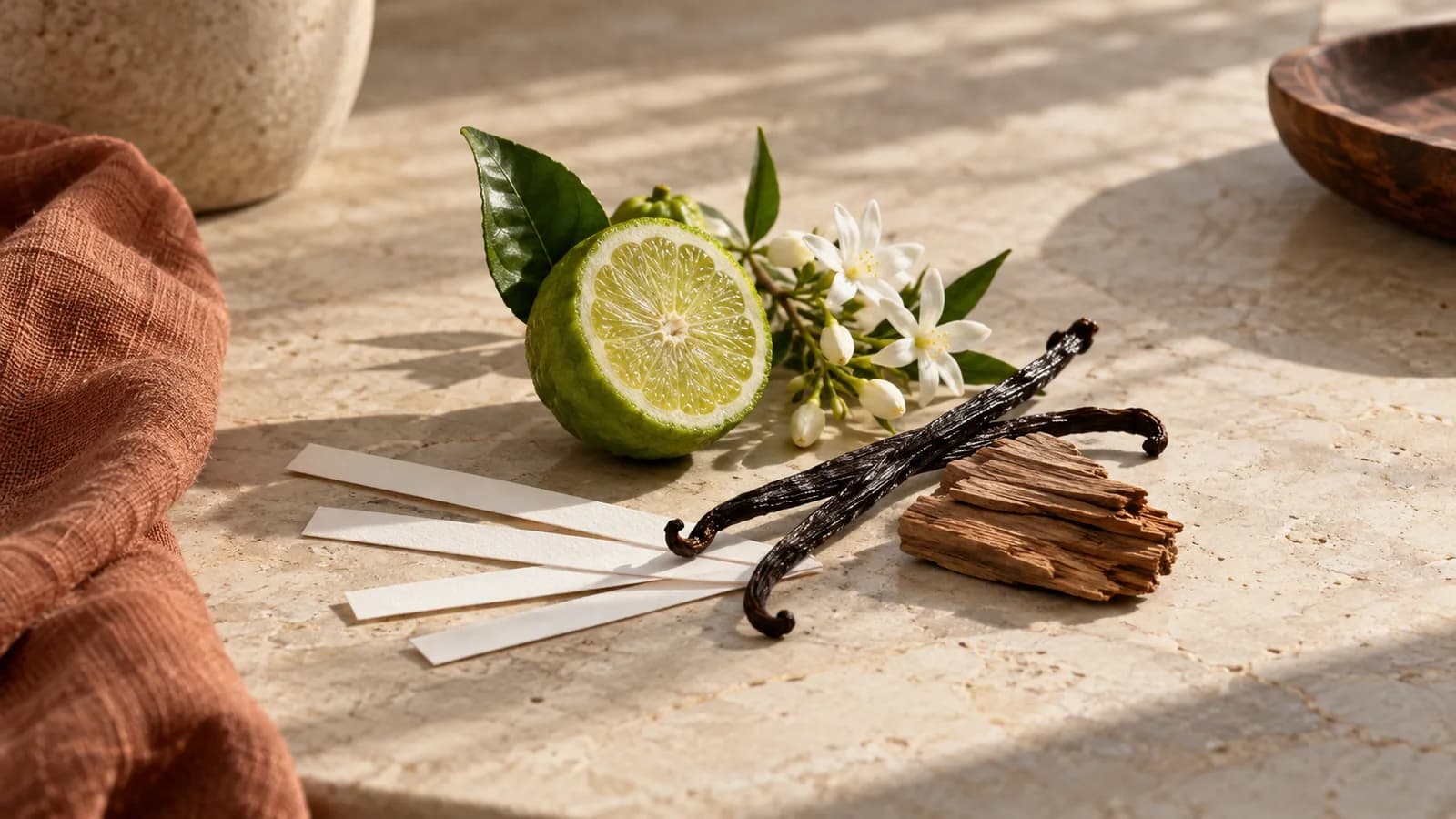 Citrus, white flowers, vanilla pods, wood and scent blotters on pale stone