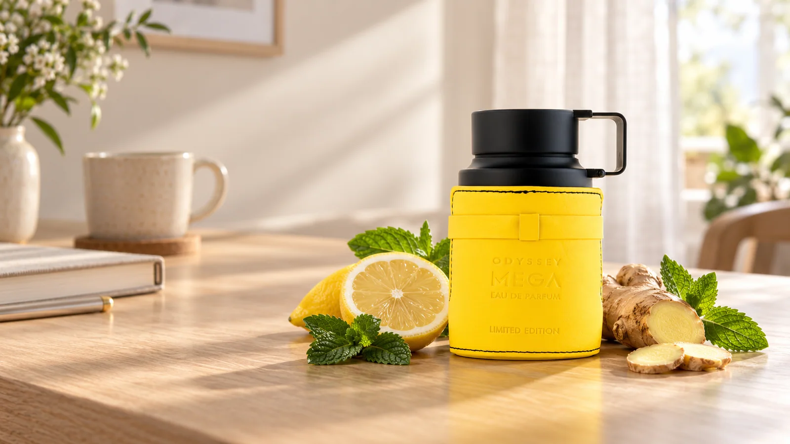Armaf Odyssey Mega bottle on a sunlit oak desk beside lemon, ginger and mint.