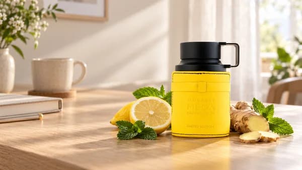 Armaf Odyssey Mega bottle on a sunlit oak desk beside lemon, ginger and mint.