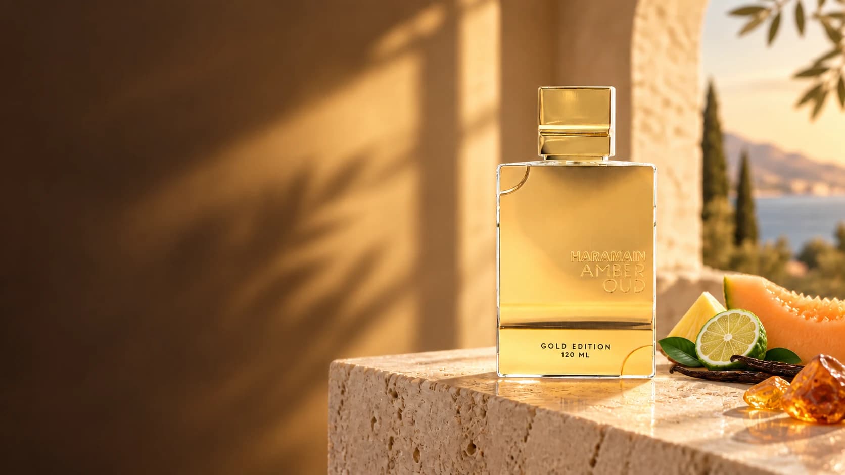 Amber Oud Gold Edition bottle in warm sunlight beside citrus and melon