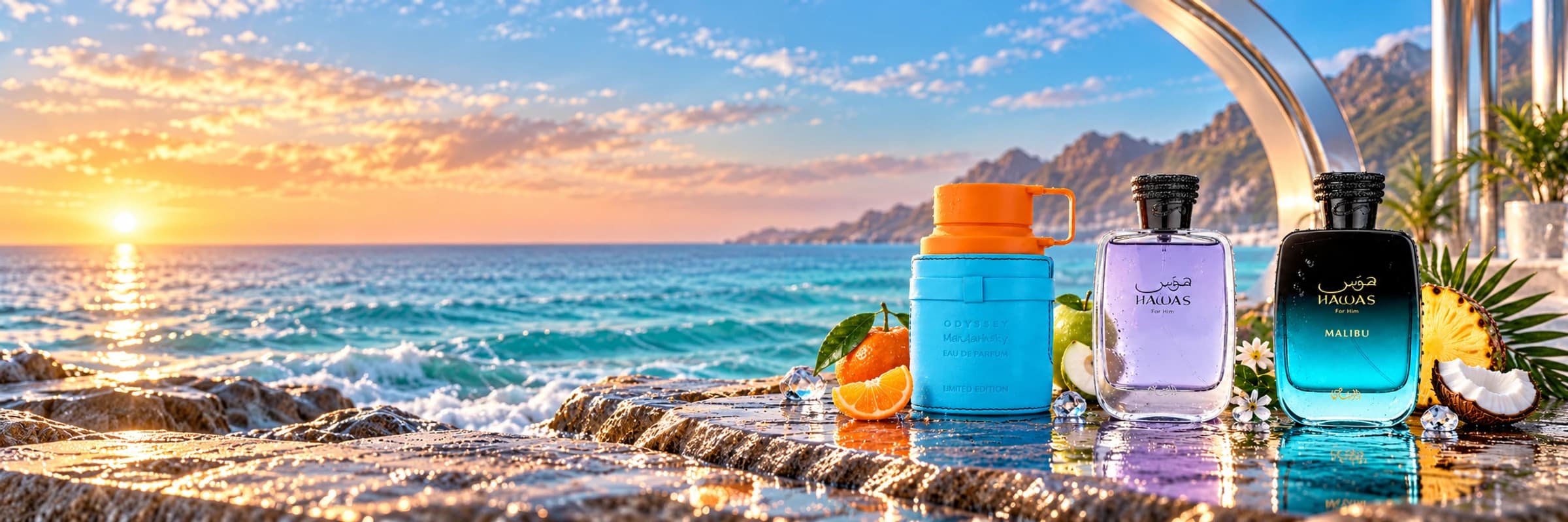Mandarin Sky, Hawas and Hawas Malibu complete perfume bottles in a cinematic fragrance scene