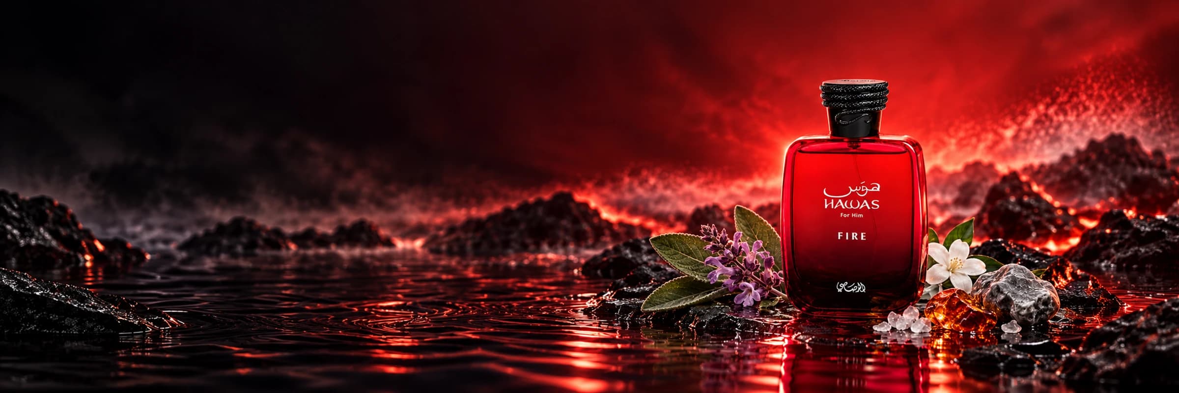 Hawas Fire complete perfume bottles in a cinematic fragrance scene
