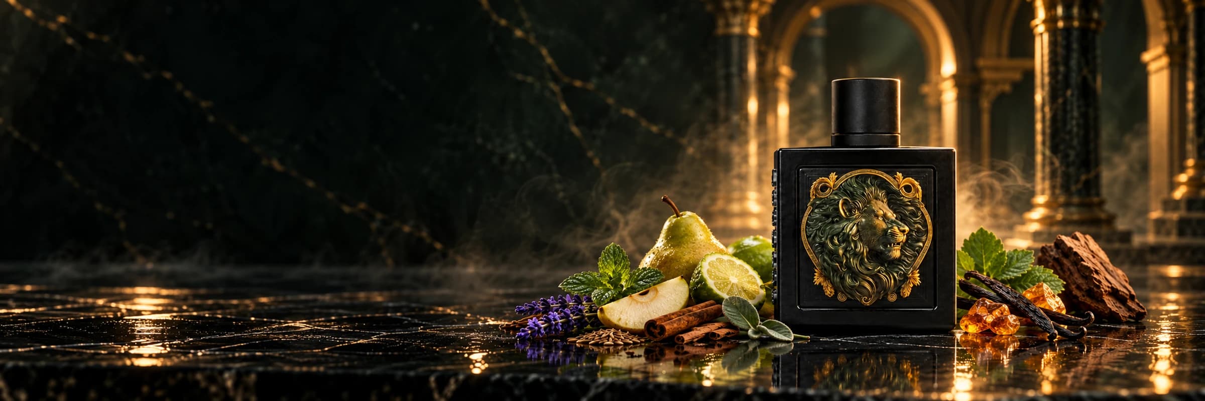 Lion complete perfume bottles in a cinematic fragrance scene