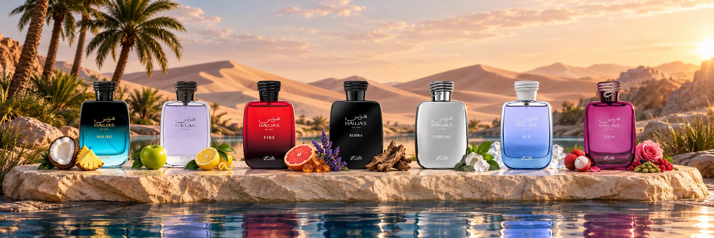 Seven complete Rasasi Hawas fragrance bottles beside a desert oasis
