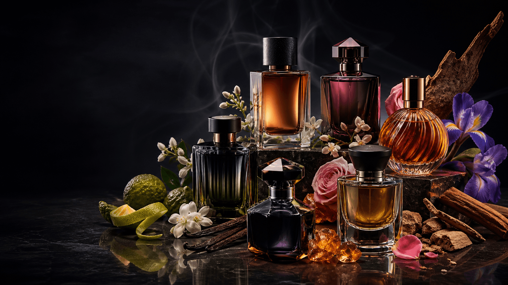Colección de perfumes entre bergamota, jazmín, iris, rosa, vainilla, ámbar y maderas