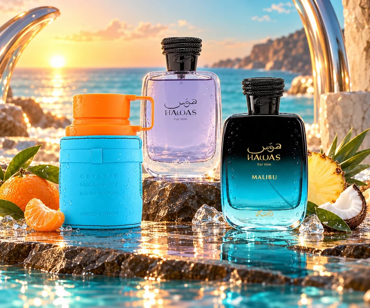 Mandarin Sky, Hawas and Hawas Malibu complete perfume bottles in a cinematic fragrance scene