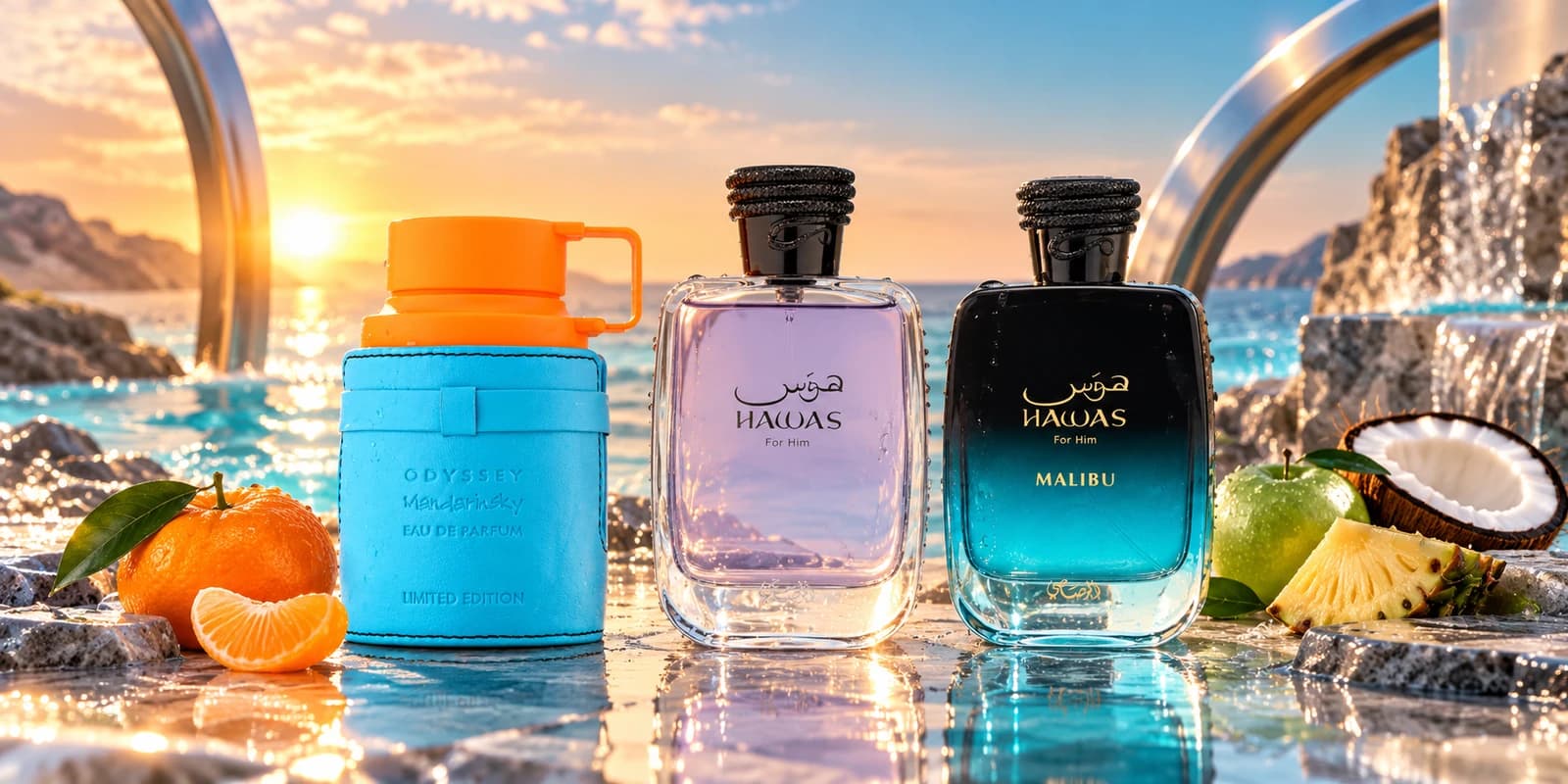 Mandarin Sky, Hawas and Hawas Malibu complete perfume bottles in a cinematic fragrance scene