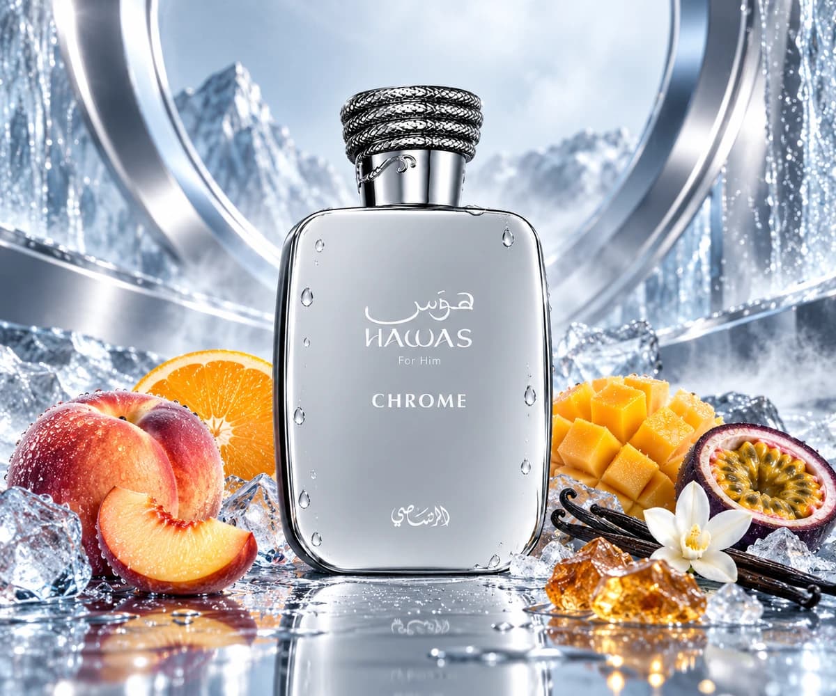 Hawas Chrome complete perfume bottles in a cinematic fragrance scene