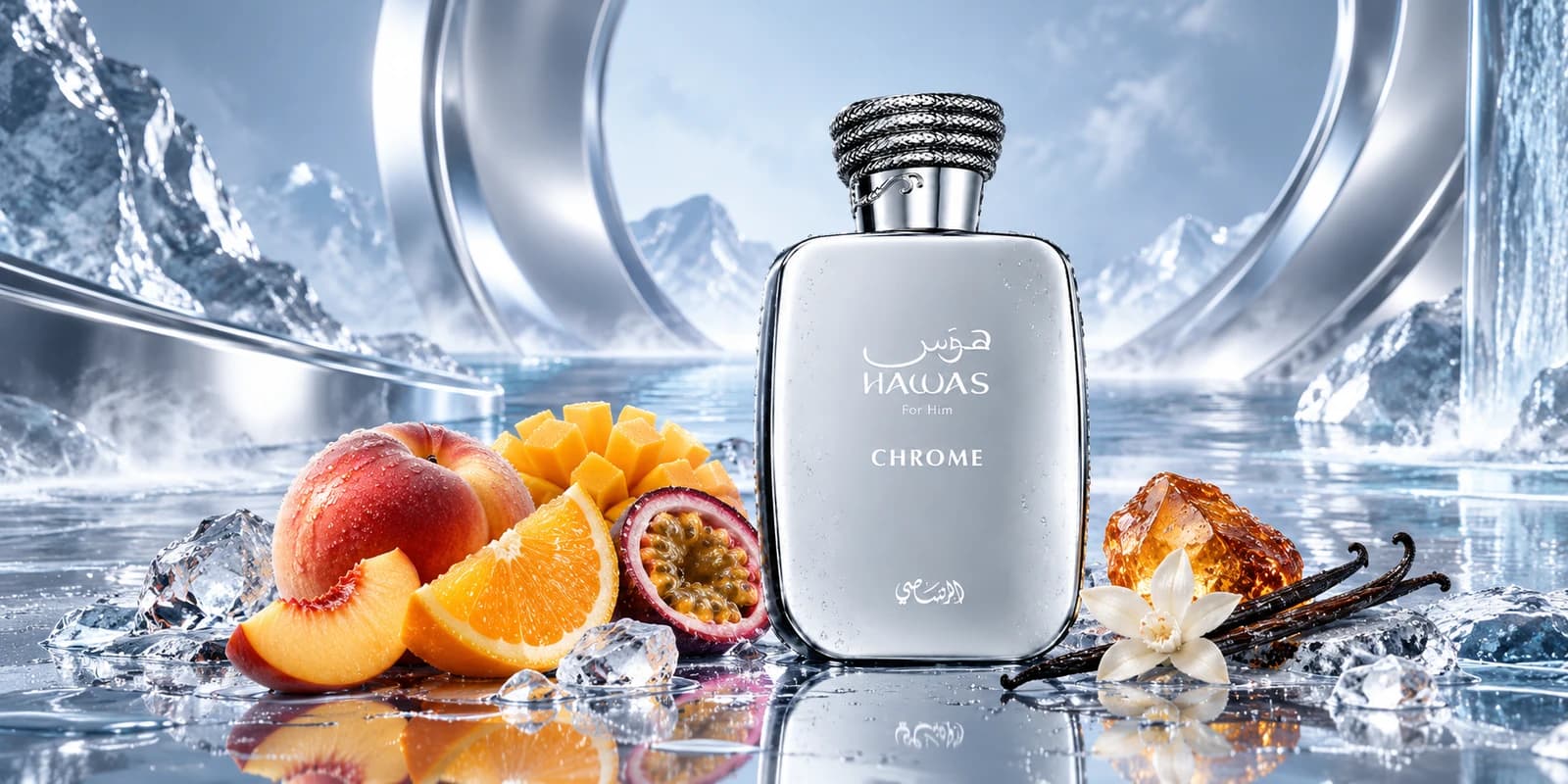 Hawas Chrome complete perfume bottles in a cinematic fragrance scene