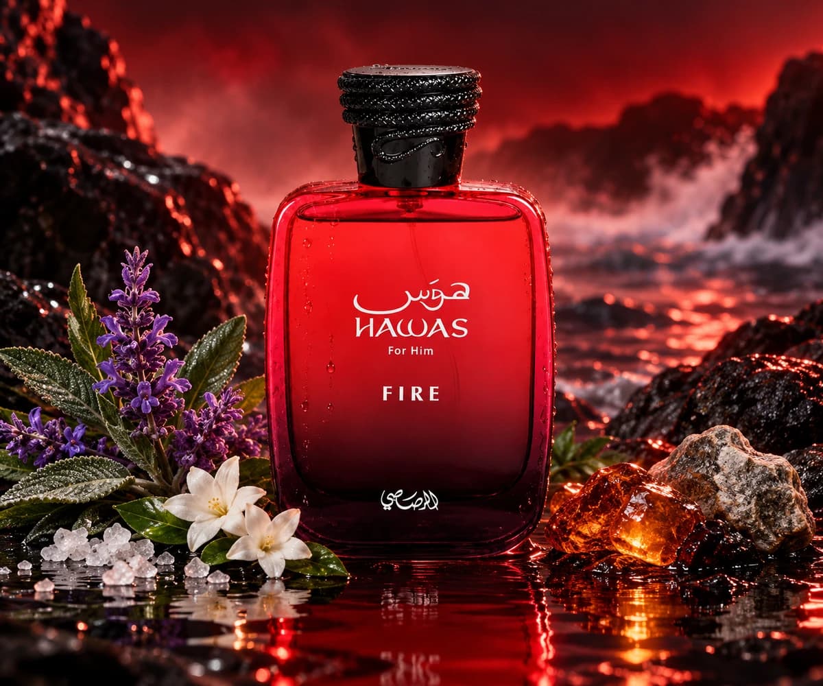 Hawas Fire complete perfume bottles in a cinematic fragrance scene