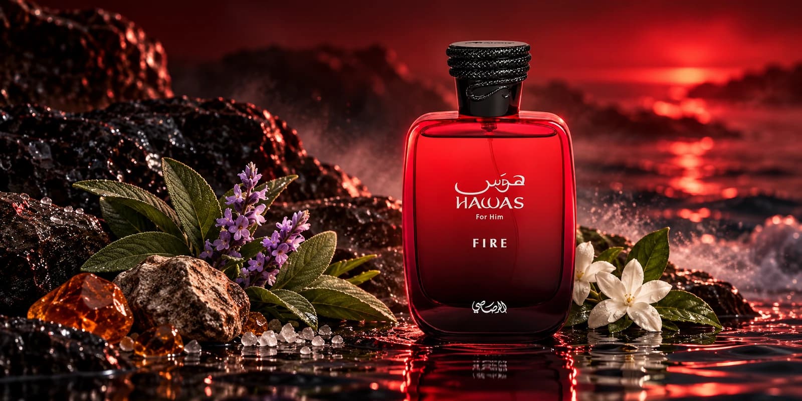 Hawas Fire complete perfume bottles in a cinematic fragrance scene