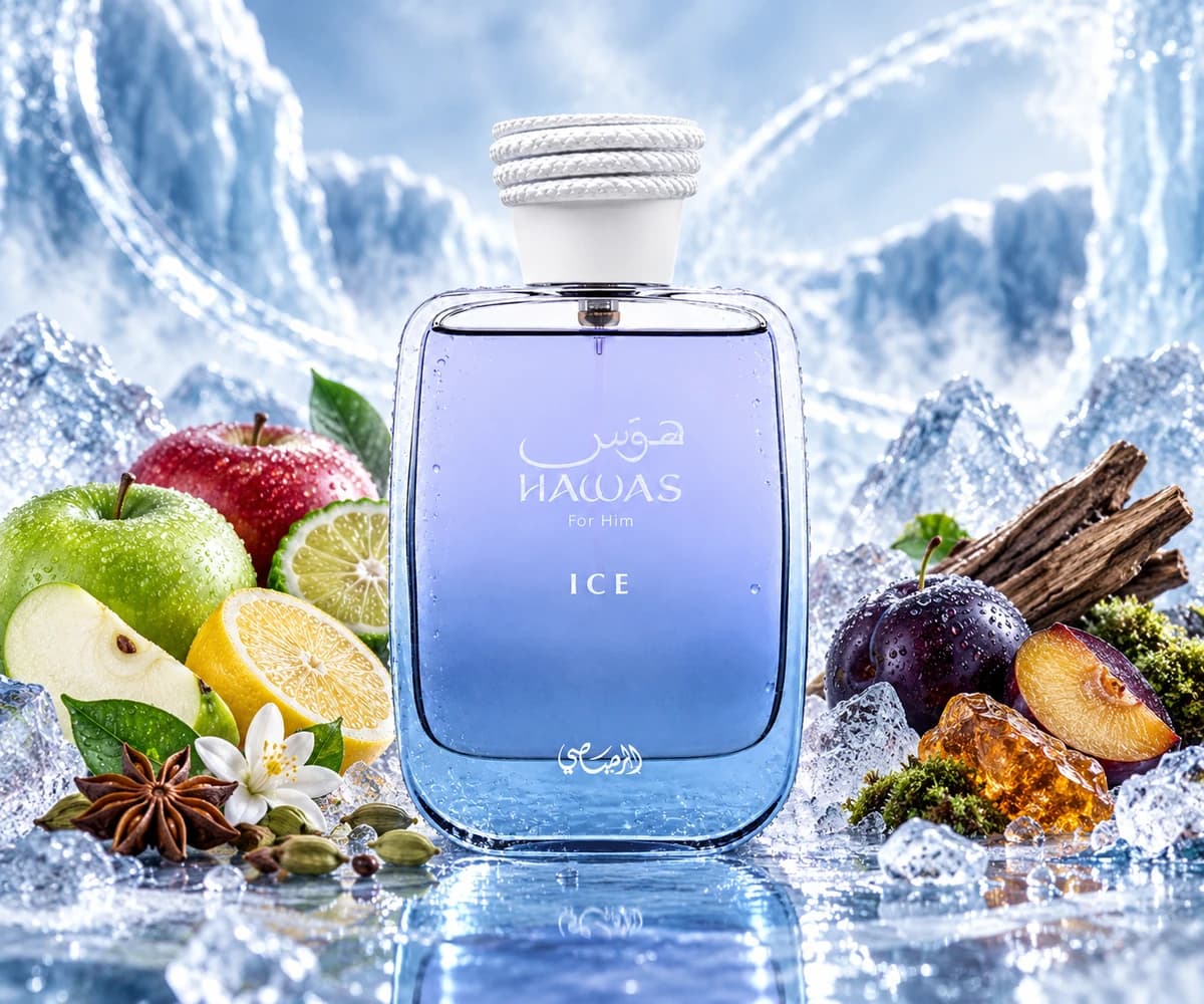 Hawas Ice complete perfume bottles in a cinematic fragrance scene