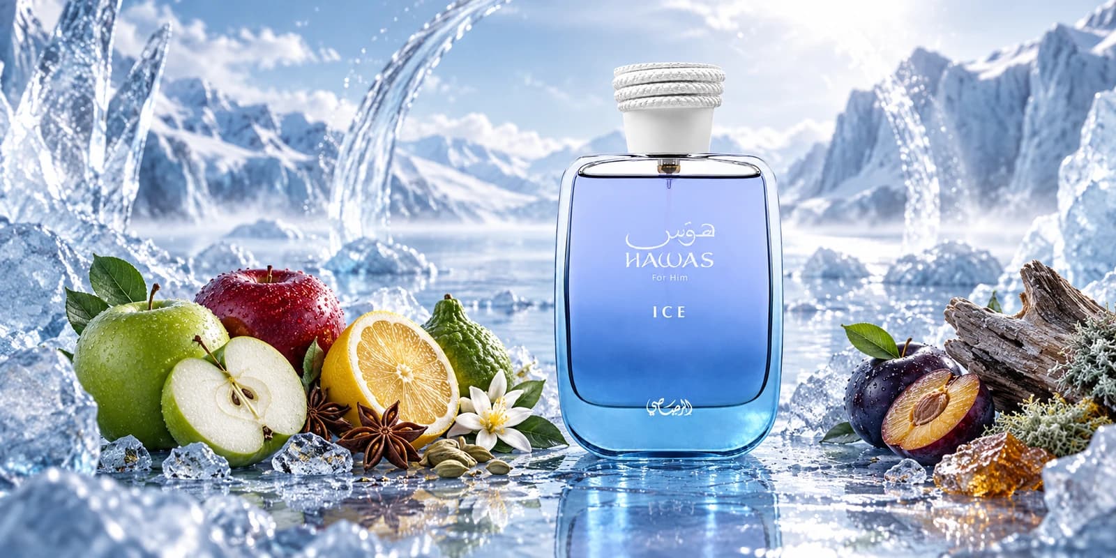 Hawas Ice complete perfume bottles in a cinematic fragrance scene