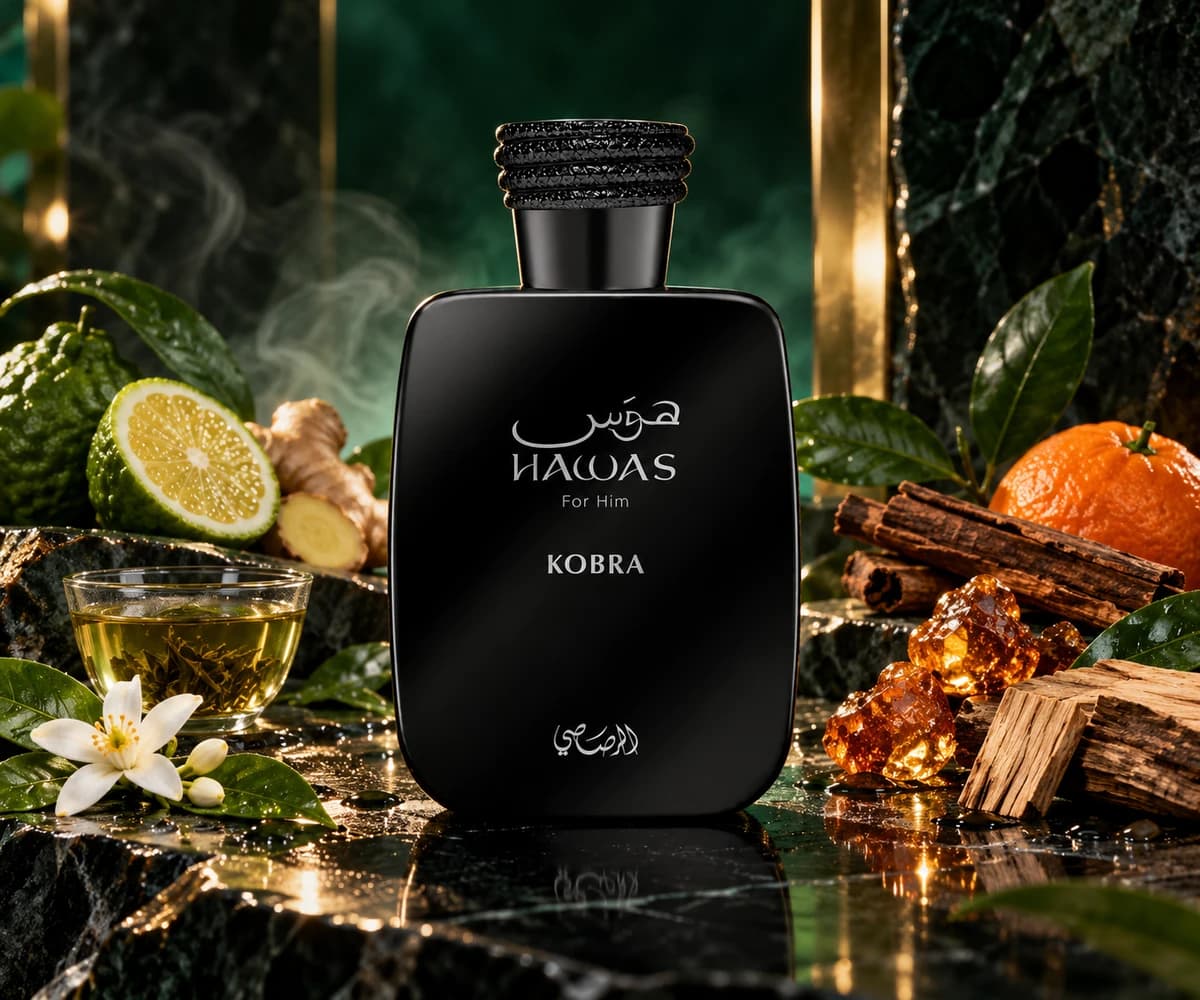 Hawas Kobra complete perfume bottles in a cinematic fragrance scene