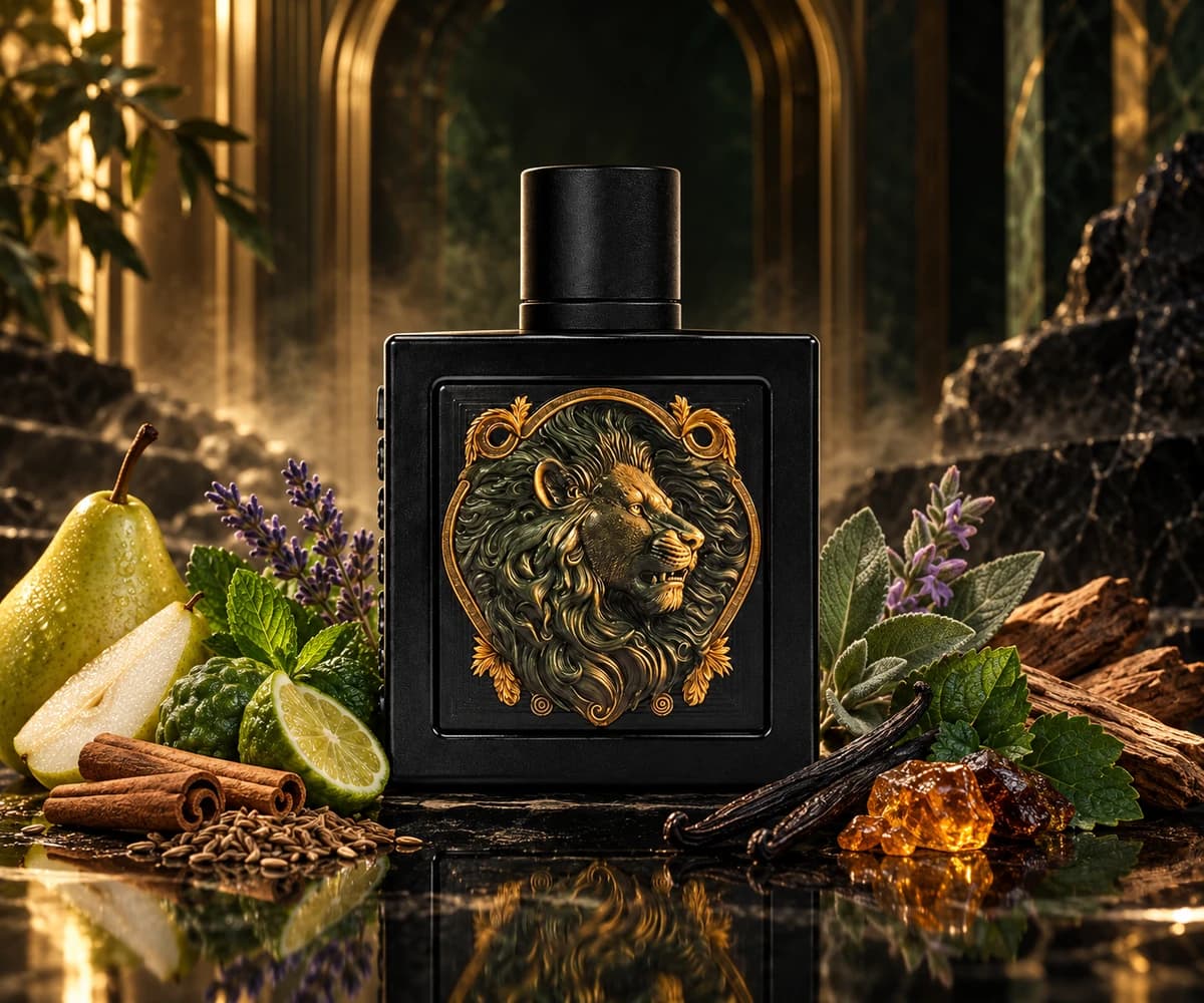 Lion complete perfume bottles in a cinematic fragrance scene