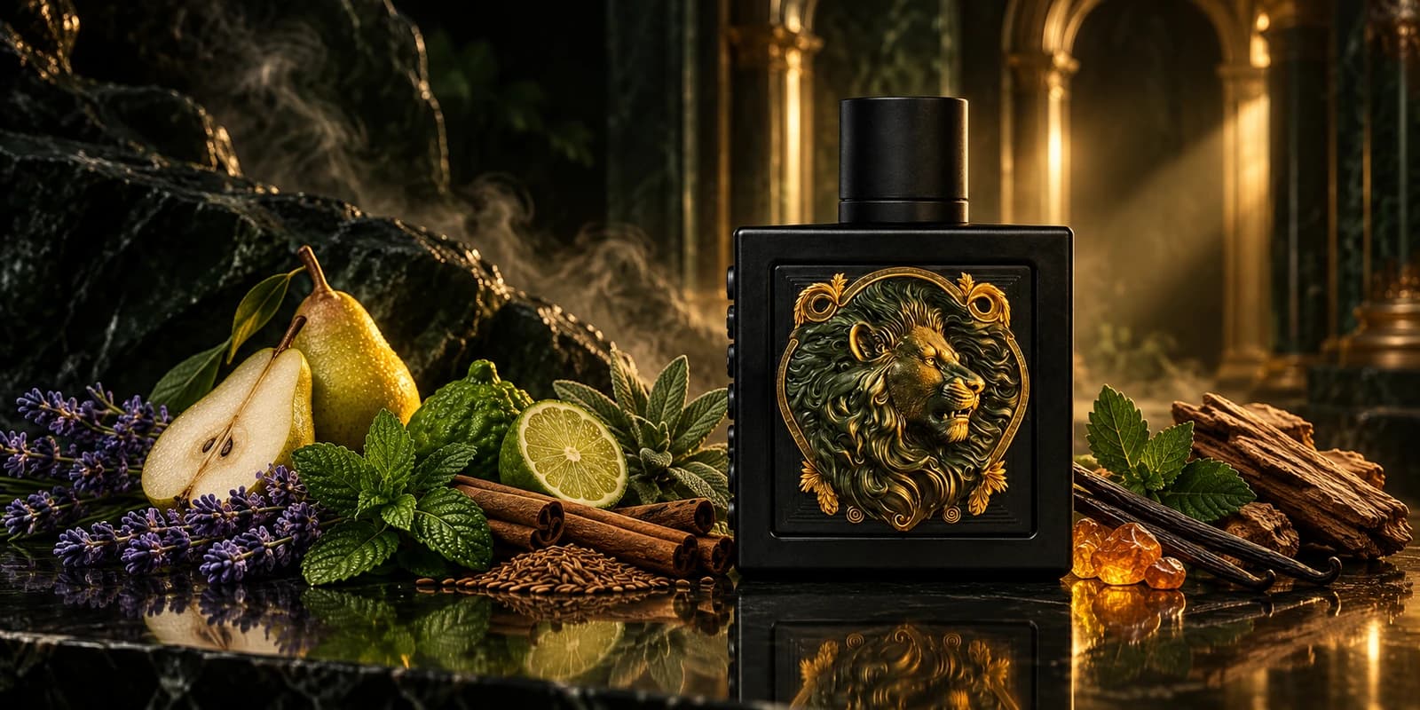 Lion complete perfume bottles in a cinematic fragrance scene
