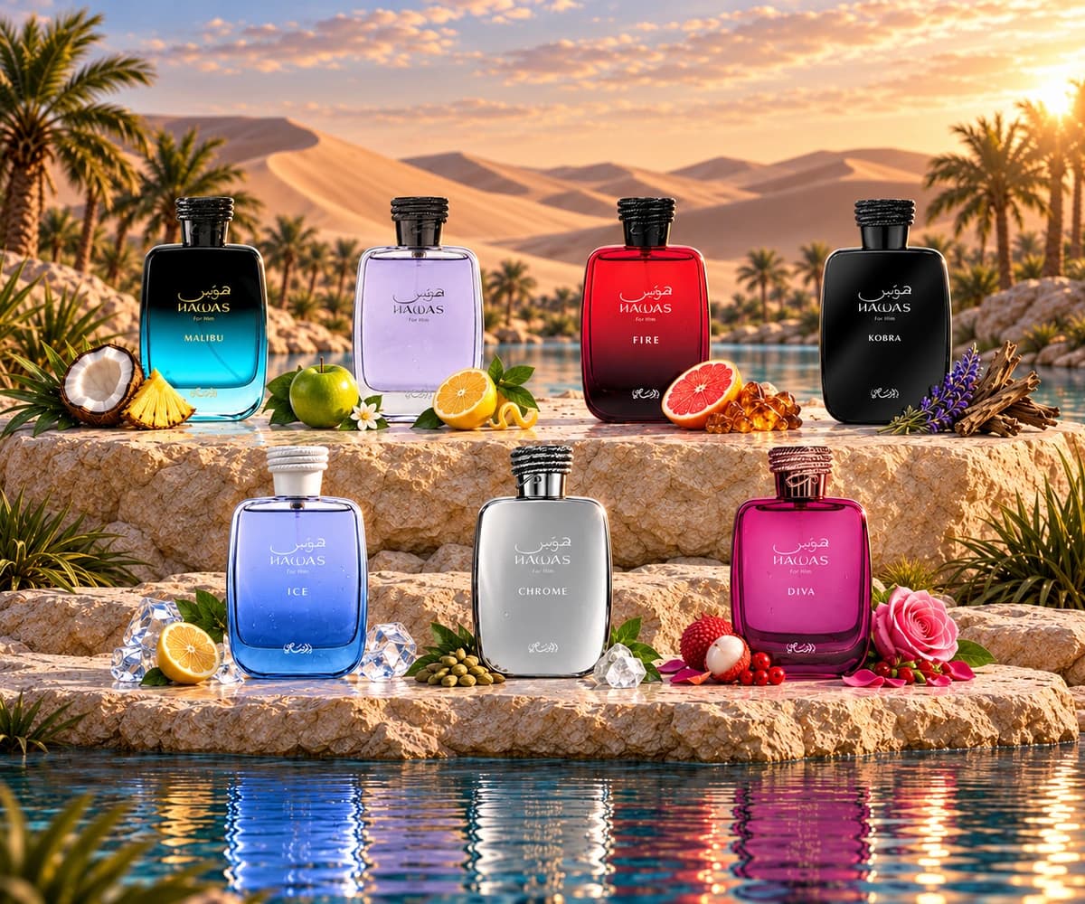 Seven complete Rasasi Hawas fragrance bottles beside a desert oasis