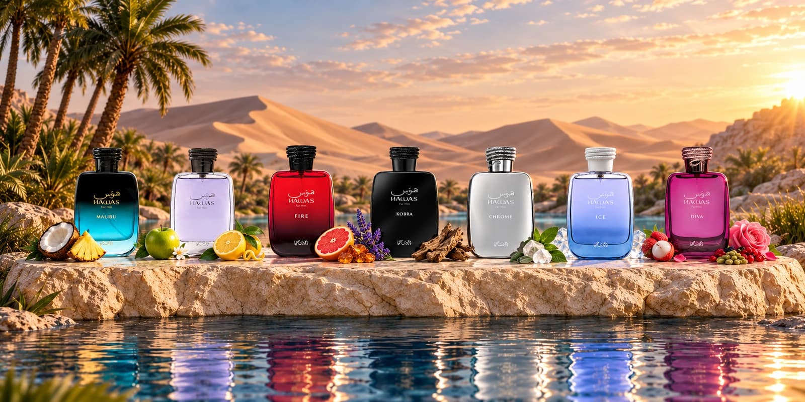 Seven complete Rasasi Hawas fragrance bottles beside a desert oasis