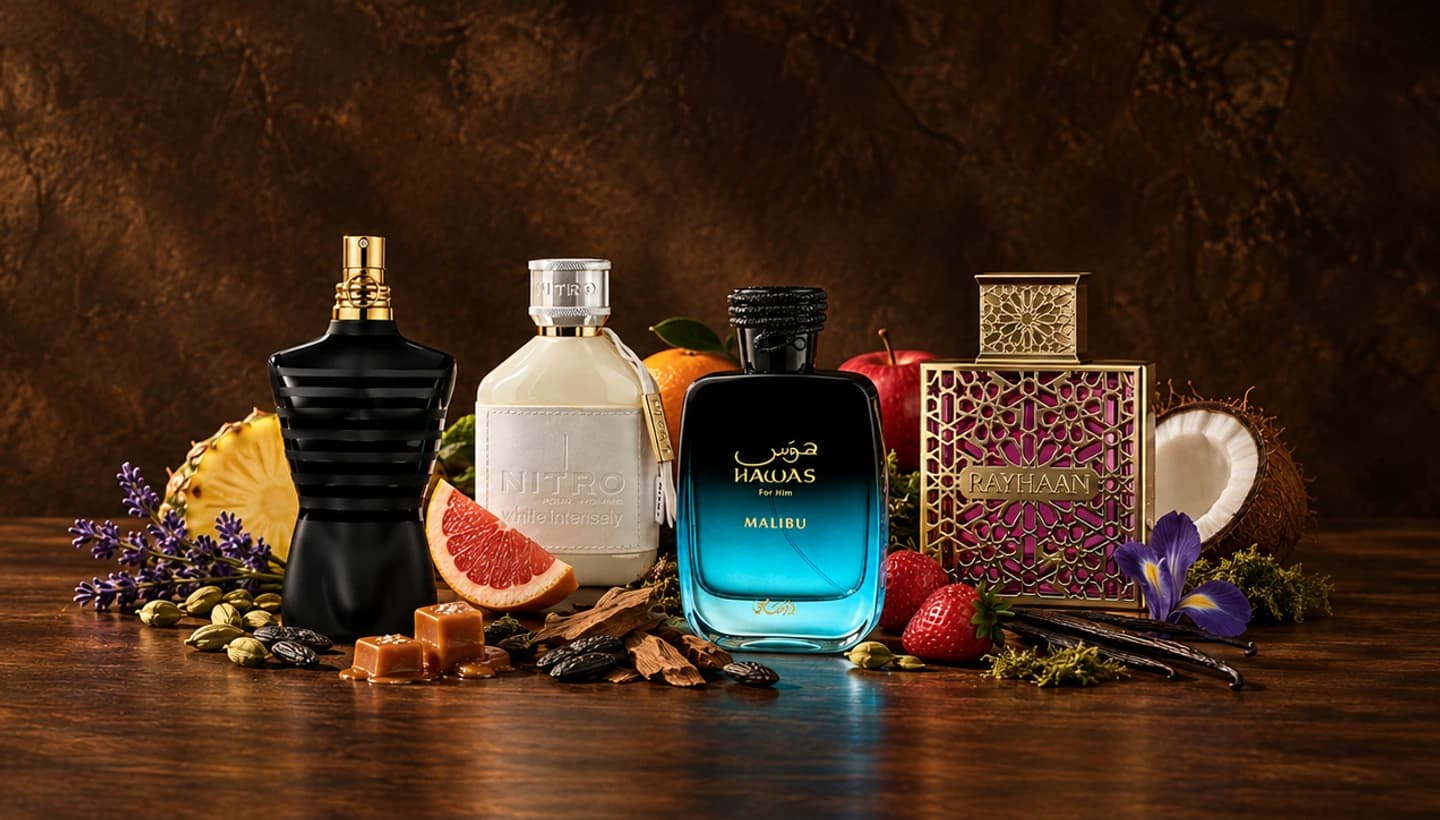 Le Male Le Parfum, Nitro White Intensely, Hawas Malibu and Kiss surrounded by their fragrance notes